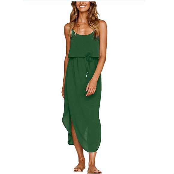 Green Casual Dress Adjustable Strappy Split - Picture 2 of 6